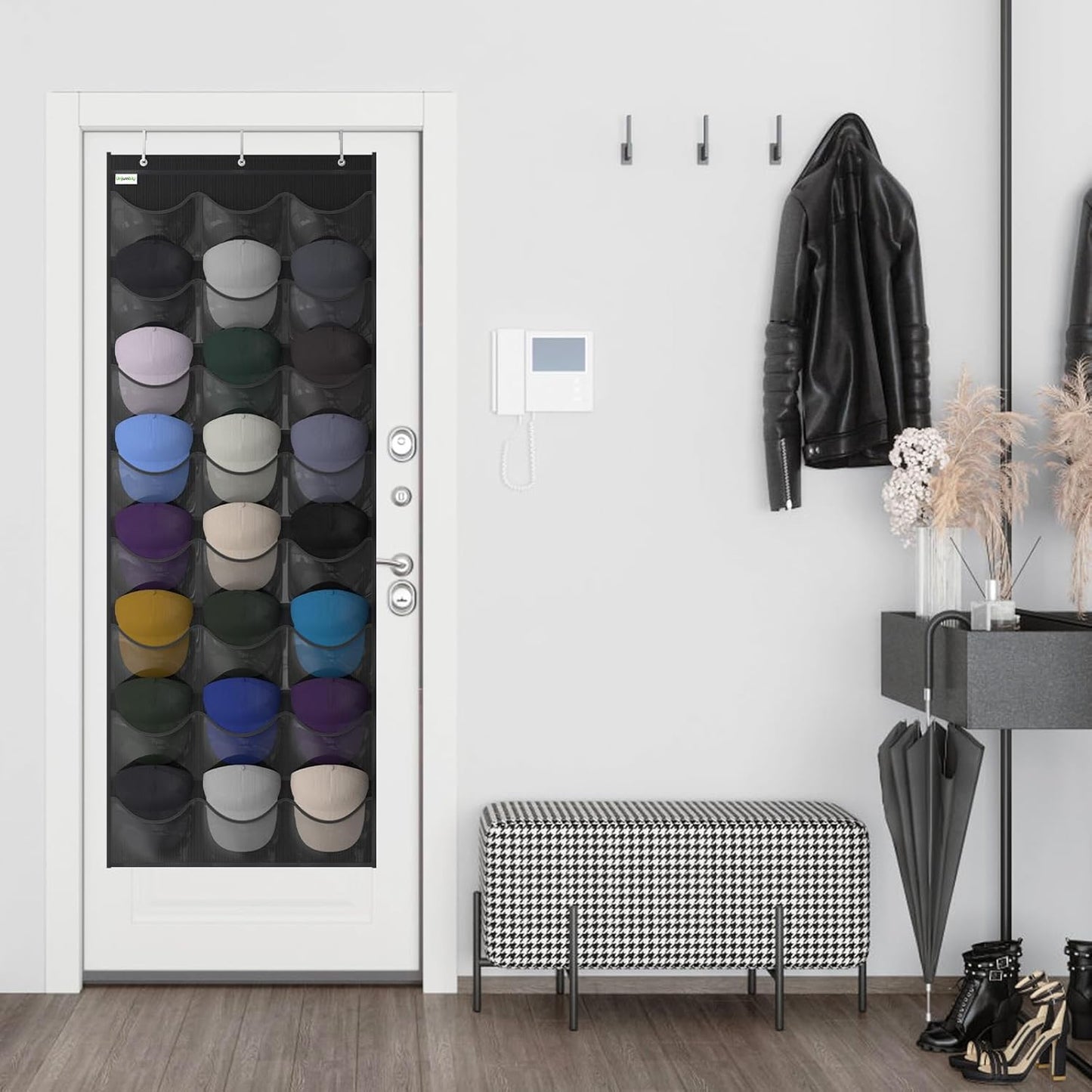 Unjumbly Baseball Hat Rack - 24 Pocket Over-The-Door Organizer with Clear Pockets | Black