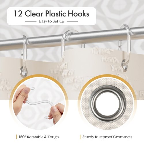 AmazerBath Boho Farmhouse Shower Curtain with Tassels, Beige Shower Curtain Set Fabric, Soft Cloth Chevron Rustic Shower Curtain with Hooks, Hotel Quality, 72x72 Inches