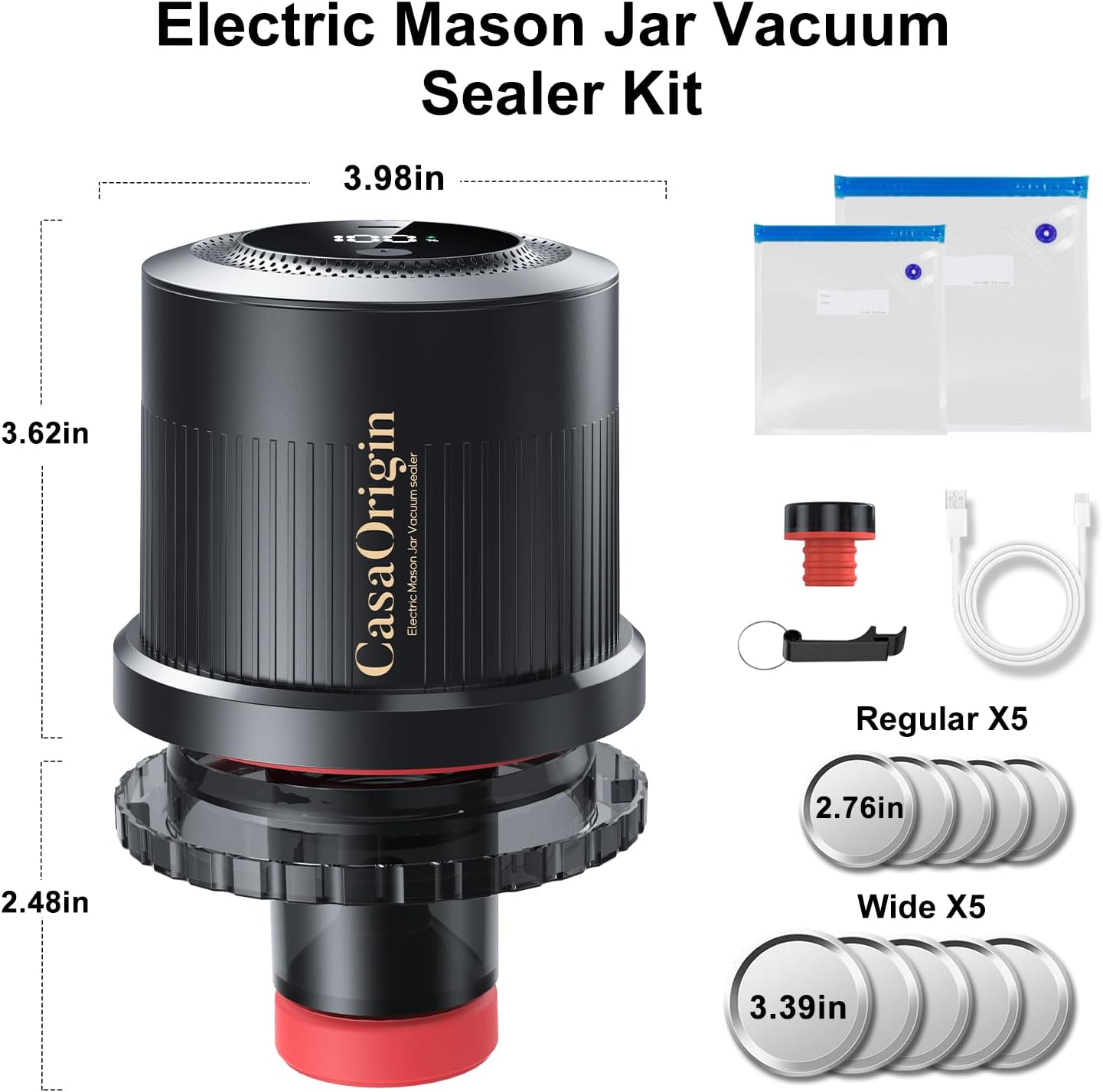 Skiennix Electric Mason Jar Vacuum Sealer Kit - Automatic Sealer for Canning & Food Storage | Fits Wide & Regular Mouth Jars