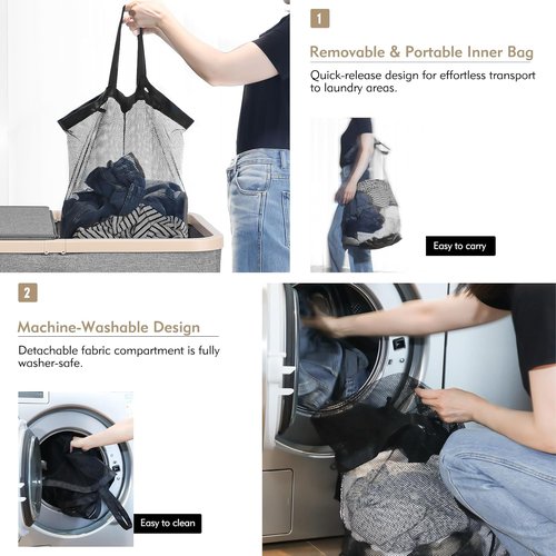 DOKEHOM Double Laundry Basket - 160L Collapsible Hamper with Removable Lid & Bags | Dark Grey