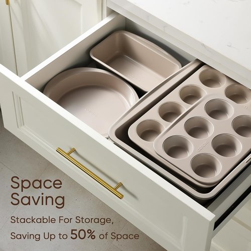 CAROTE 7-Piece Nonstick Bakeware Set - Versatile Baking Pans Including Cookie Sheets, Muffin & Loaf Pans, Gray & Khaki