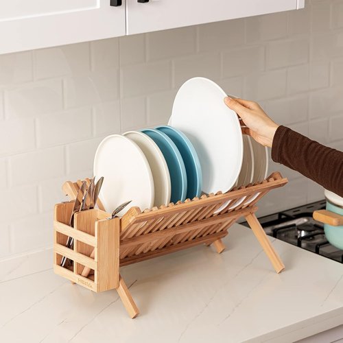 HBlife Bamboo Dish Rack - 2-Tier Collapsible Drainer with Utensil Holder Set | Space-Saving Design