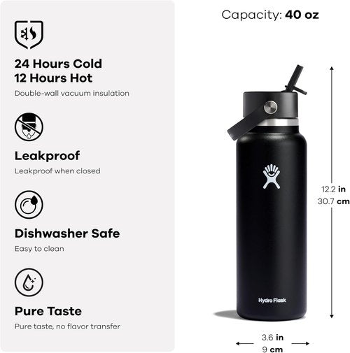 Hydro Flask Water Bottle - Insulated Stainless Steel - 40 Oz Wide Mouth with Flex Straw Lid | Leakproof & Refillable in Botanical Bliss Agave