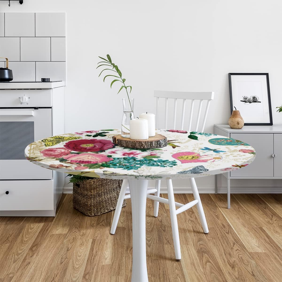 Skiennix Spring Flower Round Tablecloth - Elastic Edge, Washable Polyester for 45-50" Tables | Retro Floral Design