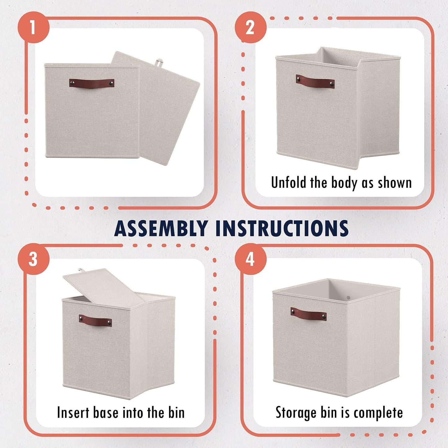 Ornavo Home Storage Cube Bins - Foldable Fabric Organizer with Leather Handles | 11x11, Beige, 6 Pack