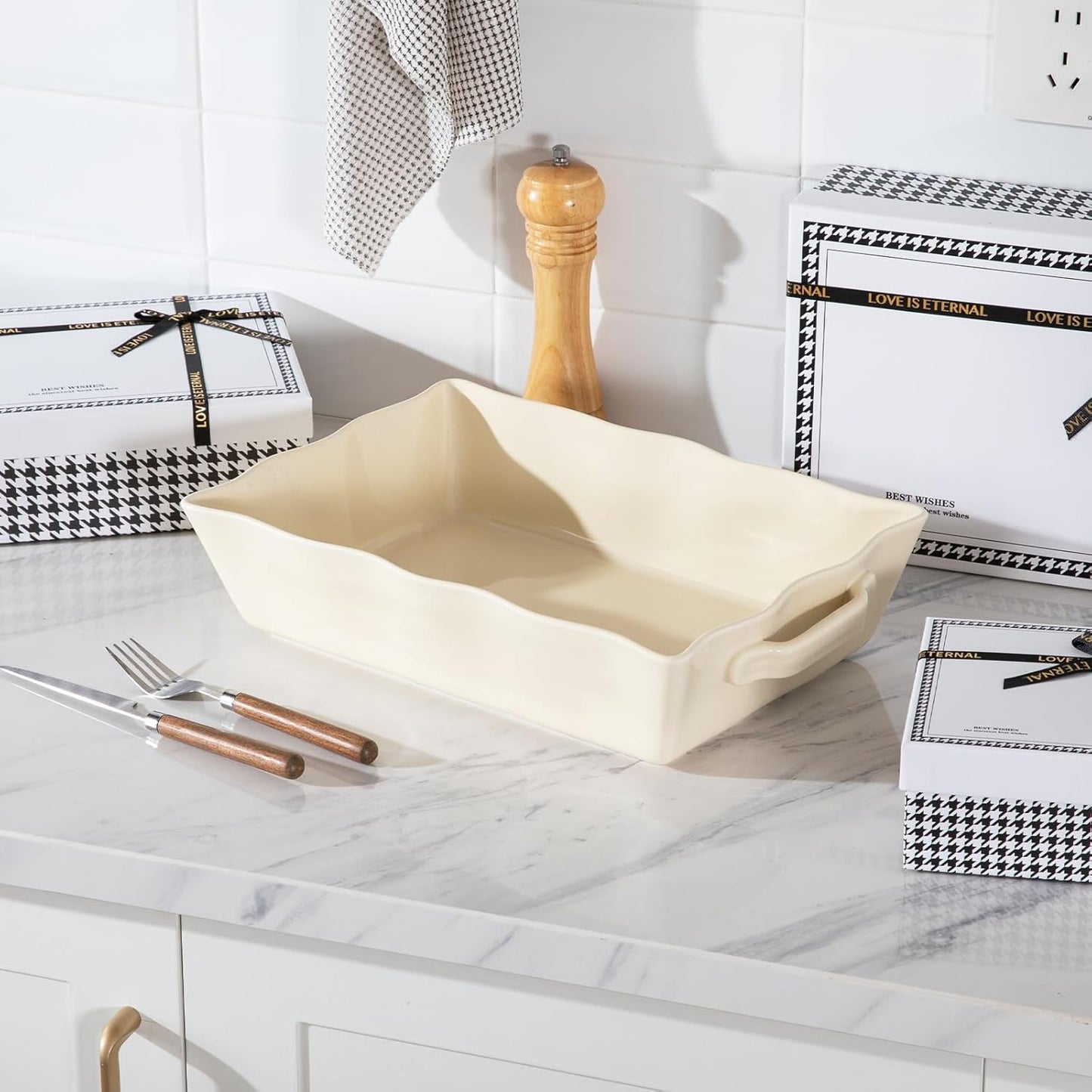 Sweejar Casserole Dishes - Ceramic 9x13 Baking Dish with Handles | Wave Edge Design for Roasting & Baking (Beige)