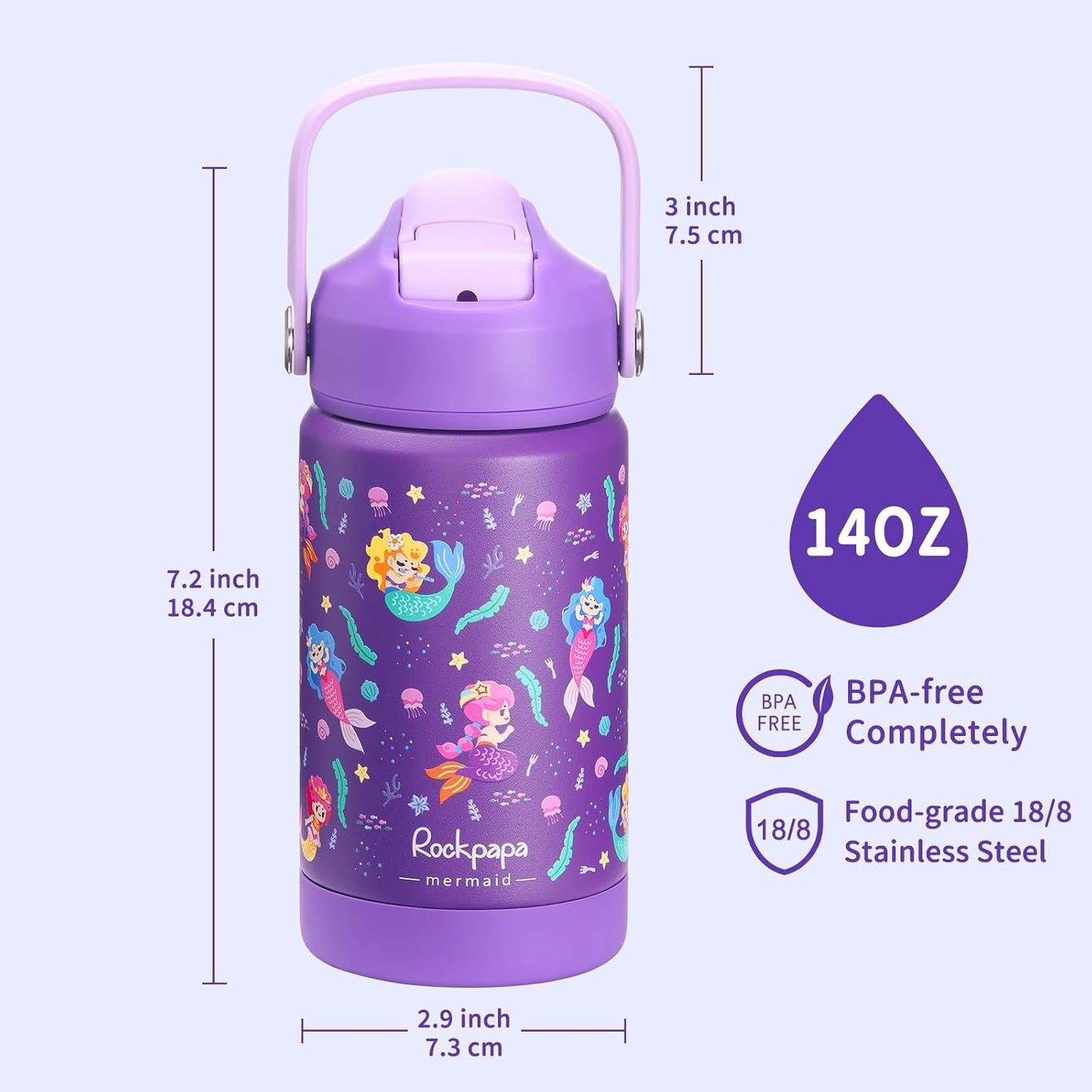 Rockpapa 14 oz Kids Insulated Water Bottle - BPA Free, Leak-Proof Design | Purple Mermaid