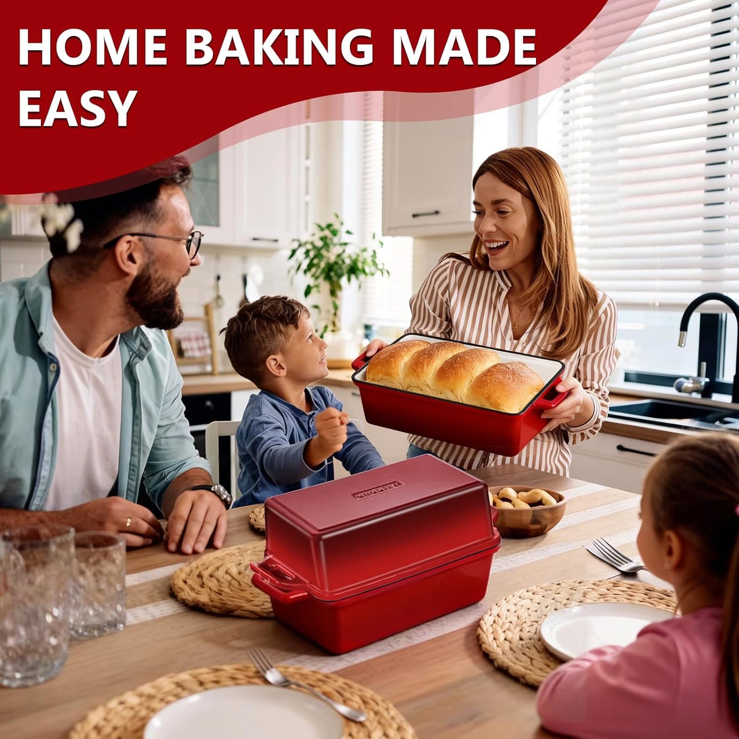 Wildone Enameled Cast Iron Bread Loaf Pan - 9x5 Sourdough Baking Set with Lid, Even Heating, Red