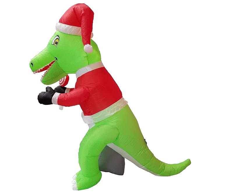 6 ft Tall Lighted Christmas Inflatable Green Dinosaur with Santa Hat