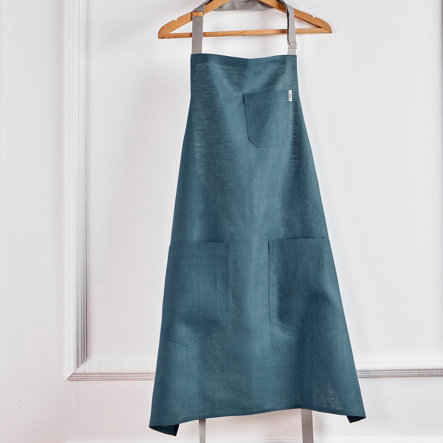 Solino Home Linen Bib Apron for Men & Women - Peacock Blue/Soft Grey Kitchen Apron with Front Pockets - Handcrafted from European Flax