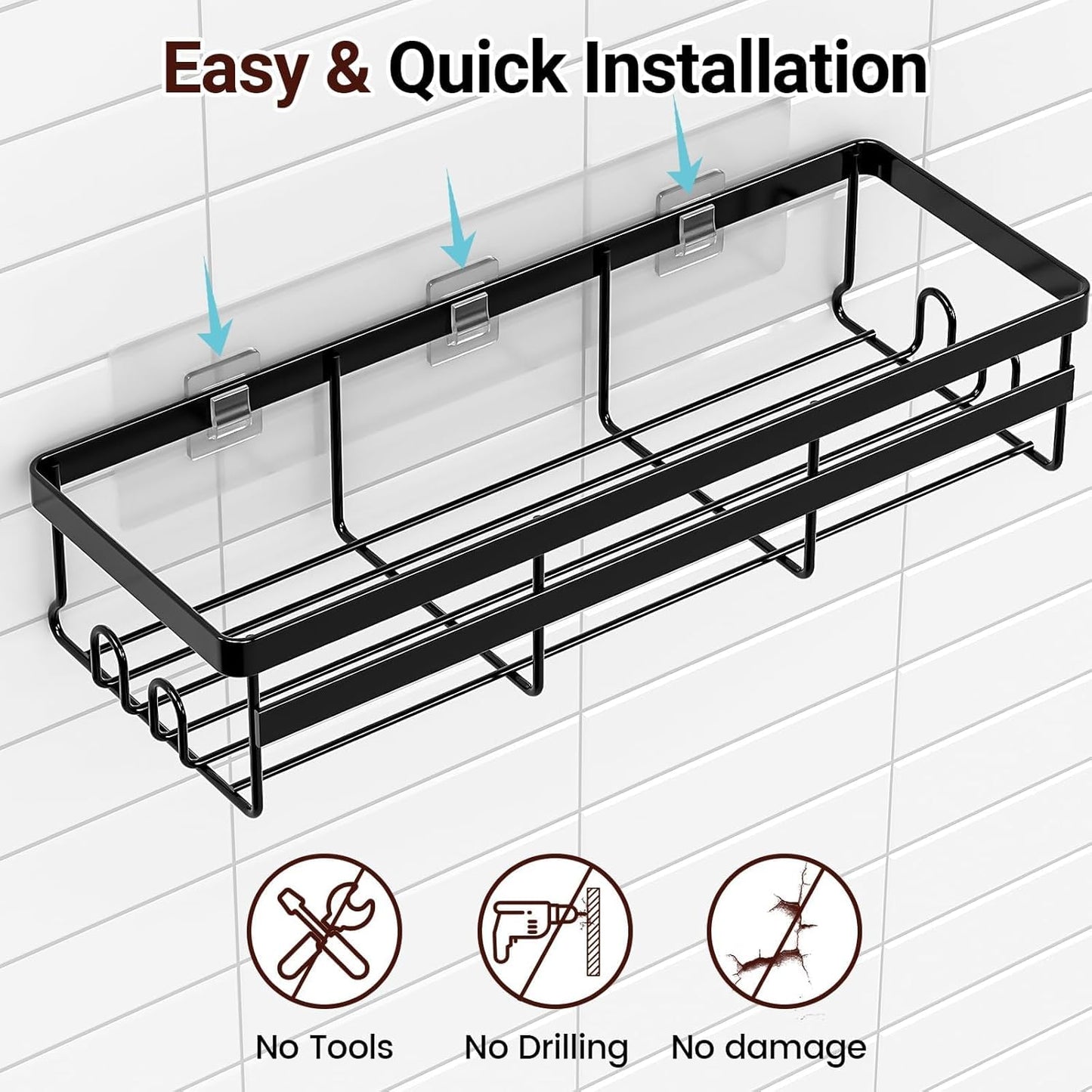 WOWBOX Shower Caddies 2 Pack - Adhesive Hanging Shelves for Easy Bathroom Organization | No Drilling, Stainless Steel