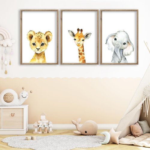 Baby Safari Nursery Wall Art Decor 24x16 Inch Set of 3 Wood Framed Cute Animal Giraffe Elephant Lion Prints Sign Kids Boys Girls Room Bedroom Jungle Animal Pictures Wall Hanging (Wood)