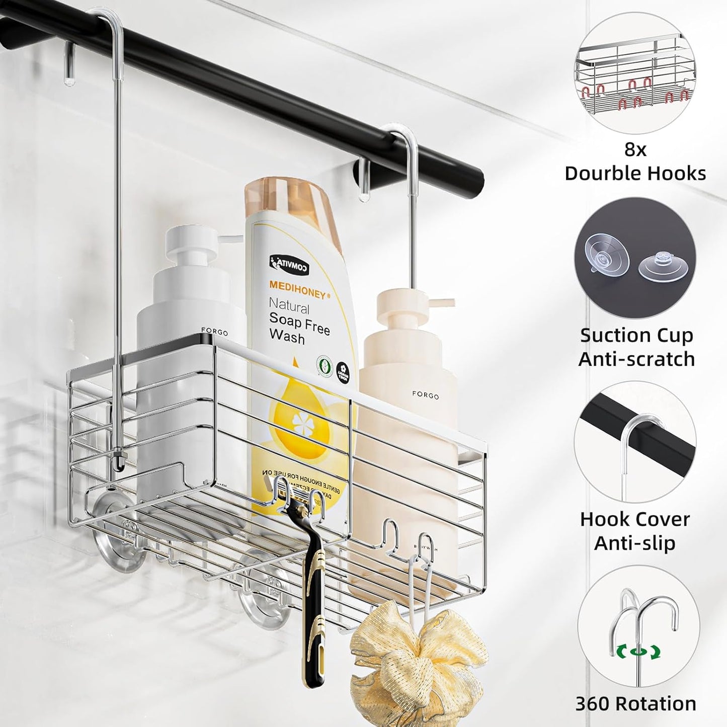 SHANSHUI Shower Organizer Caddy - Rustproof 304 Stainless Steel Hanging Basket for Bathroom | Over Door Rack with Hooks
