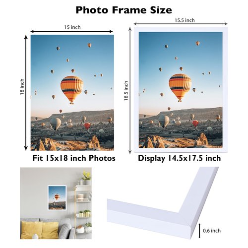 JCJMY 15x18 Picture Frame - White, Horizontal & Vertical Formats for Wall Hanging, 15 x 18 Gallery Frame for Photos & Posters