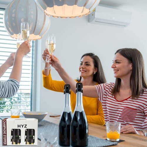 HYZ Champagne Stoppers 2Pack - Stainless Steel Sparkling Wine Bottle Stopper with Pure Silicone Air Tight Seal - Professional Wine Saver for Champagne,Prosecco and Cava (Black)