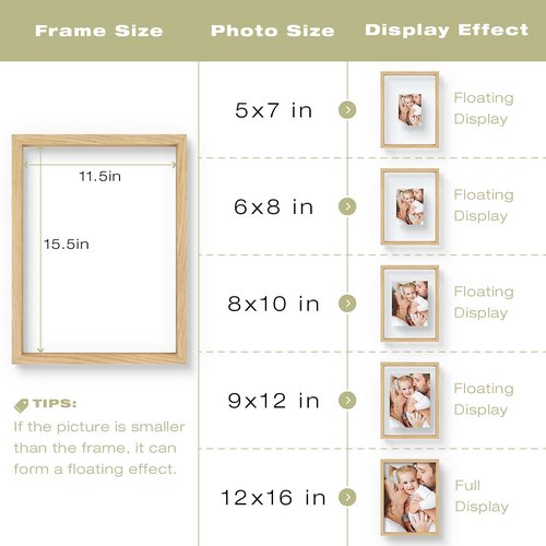 12x16 Floating Picture Frame - Solid Wood Frame for Pressed Flower - Real Glass of Front - Use as 8.5x11 or 11x14 Picture Frame - for Wall Mount Display (Natural Wood, 1 Pack)