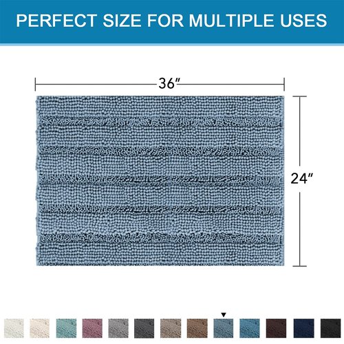 H.VERSAILTEX Bath Mats for Bathroom Non Slip Extra Thick Chenille Striped Bath Rug 24" x 36" Absorbent Non Skid Fluffy Soft Shaggy Rugs Washable Plush Mats for Indoor, Bath Room, Tub - Stone Blue