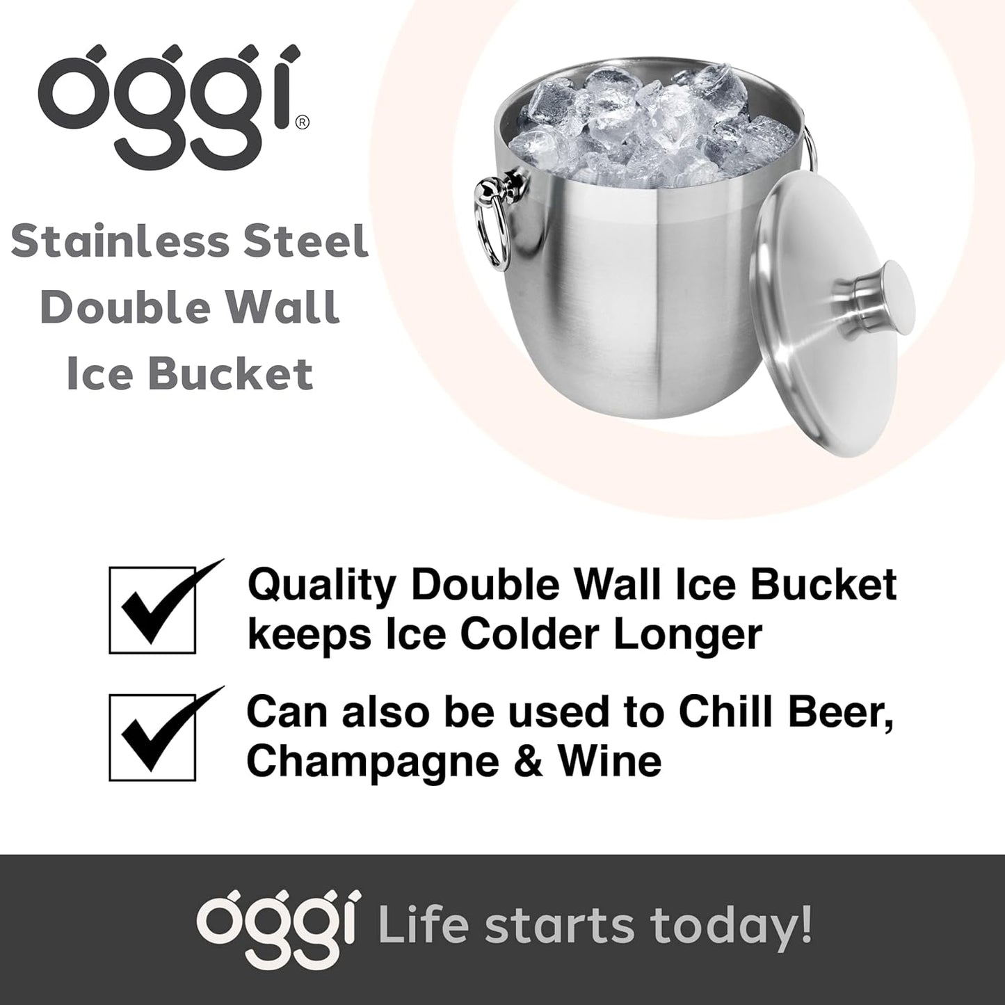OGGI Double Wall Stainless Steel Ice Bucket - Insulated Ice Bucket with Elegant Steel Lid, Classic Handles & Stainless Steel Ice Tongs - Great for Home Bar, Chilling Beer, Champagne and Wine - 3 qt