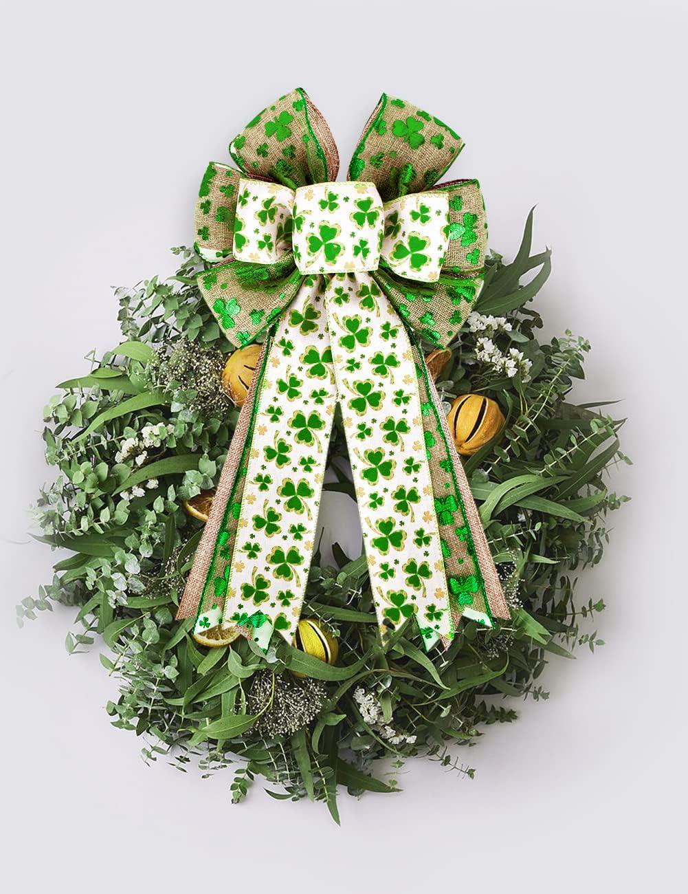 Patrick's Day Wreath Bow - Green Shamrock Ribbon for DIY Crafts & Party Decorations | 11x20 Inch
