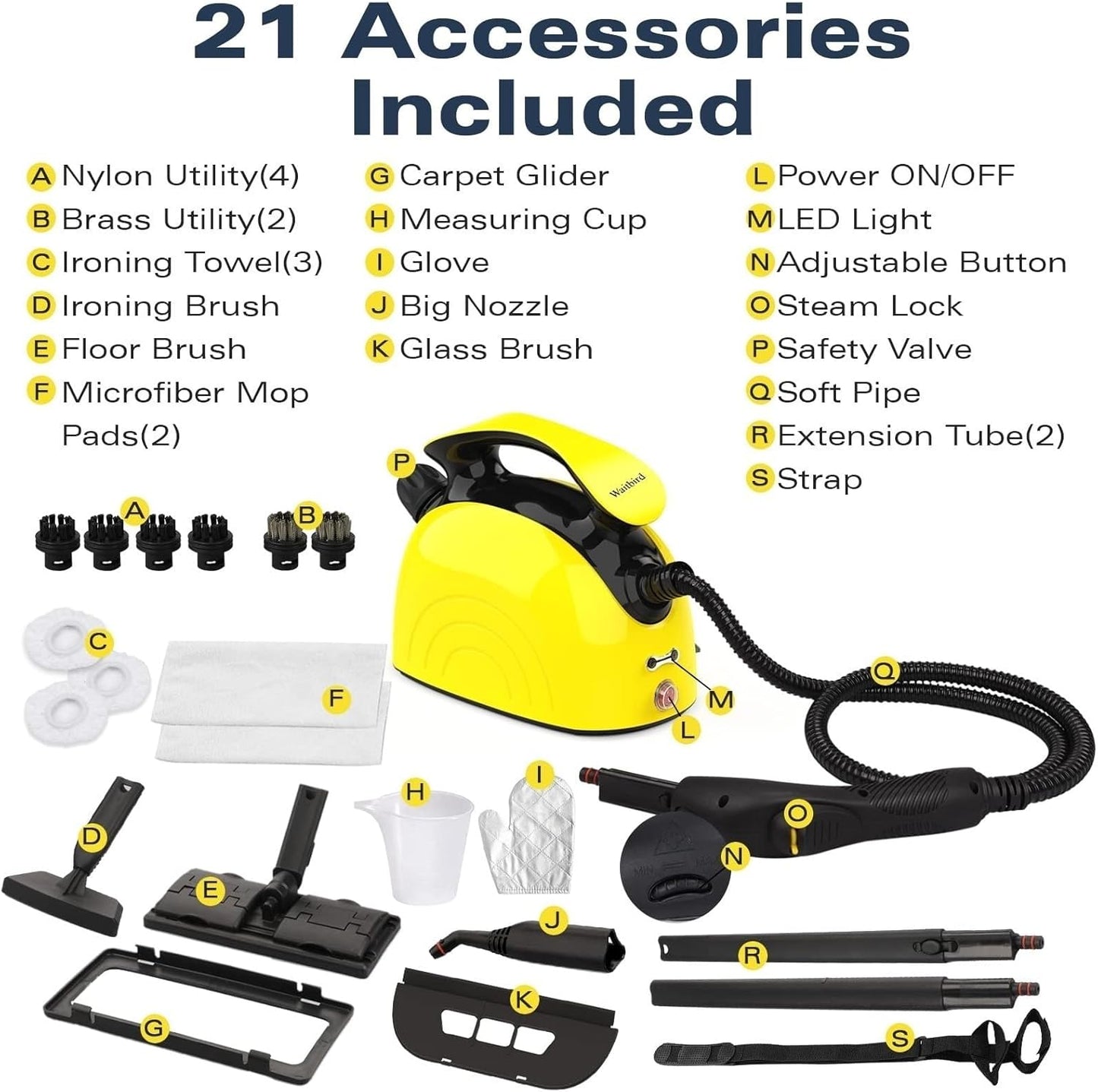 Waitbird Handheld Steam Cleaner - 21 Accessories, 248°F High Temperature for Home & Floors