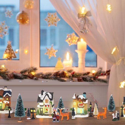 Gerrii Christmas Village Figurines Set - 31 Pcs LED Lighted Houses & Snow Blanket for Festive Decor