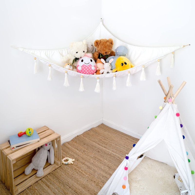 Mkono Stuffed Animal Hammock Corner Hanging Toy Organizer Storage with Tassels Plush Toys Net Holder Nursery Wall Bedroom Play Room Kid Room Decor