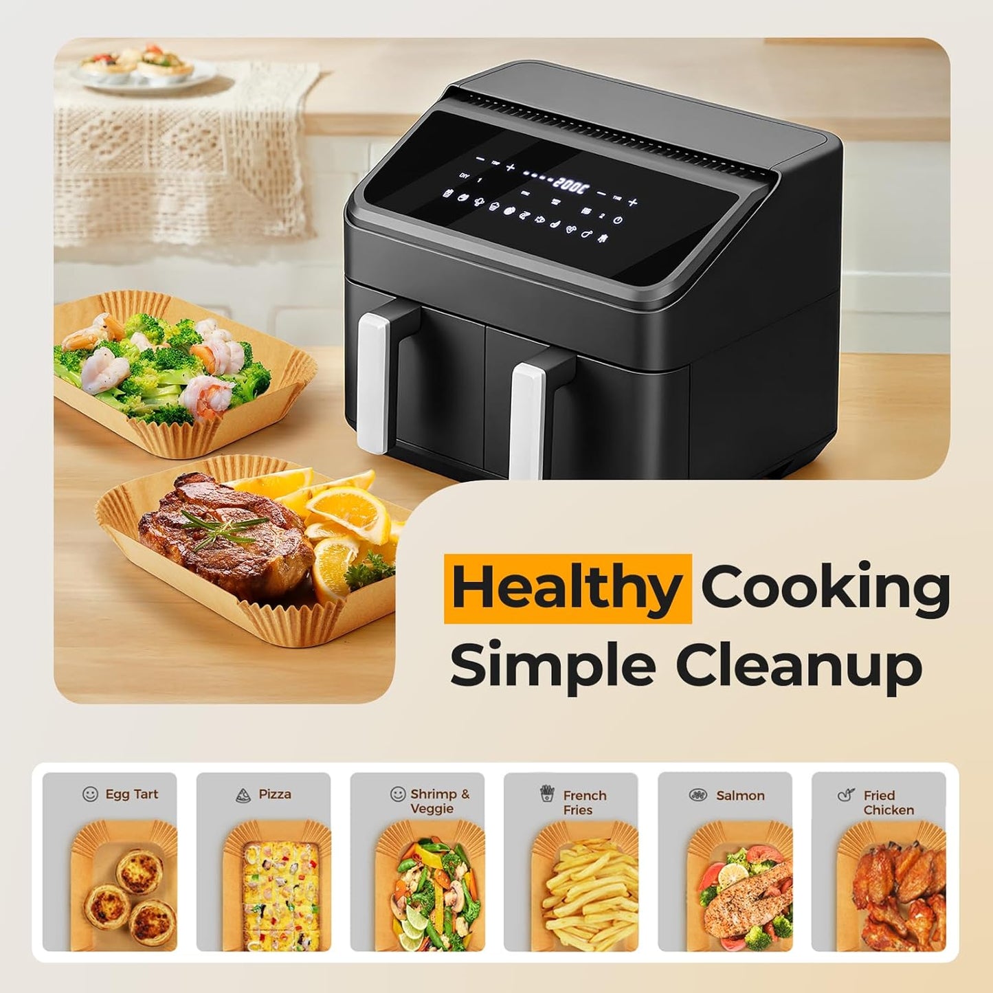Vailnd Air Fryer Liners - 125 Pcs Disposable Parchment Paper for Ninja & Chefman Dual Basket | 8x5.5 Inch
