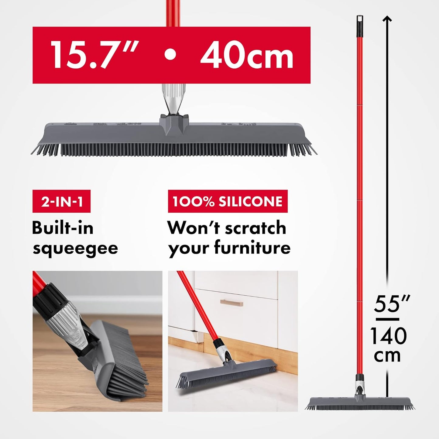 Skiennix 2-in-1 Silicone Rubber Broom | Swivel Pet Hair Removal with Long Handle - Ideal for Carpet & Floors