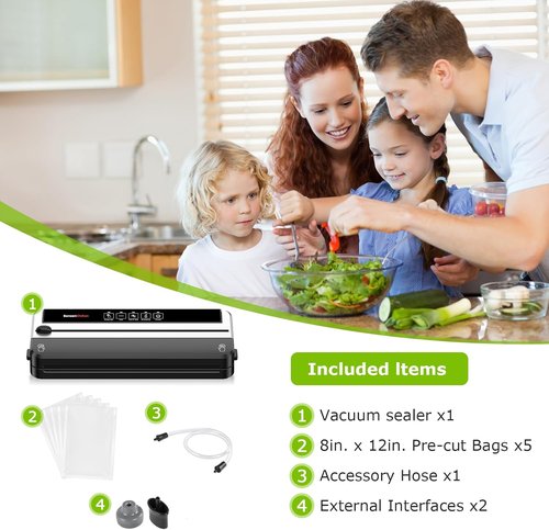 Bonsenkitchen Vacuum Sealer Machine - Multifunctional Food Sealer with Built-in Cutter | Silver-Black, 5 Pre-Cut Bags