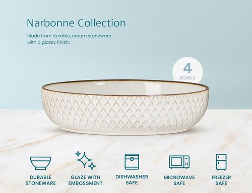 KooK Ceramic Pasta Bowls - Large Capacity Serving Bowls for Stews & Salads | Set of 4, Ivory with Dark Copper Accents, 40 oz