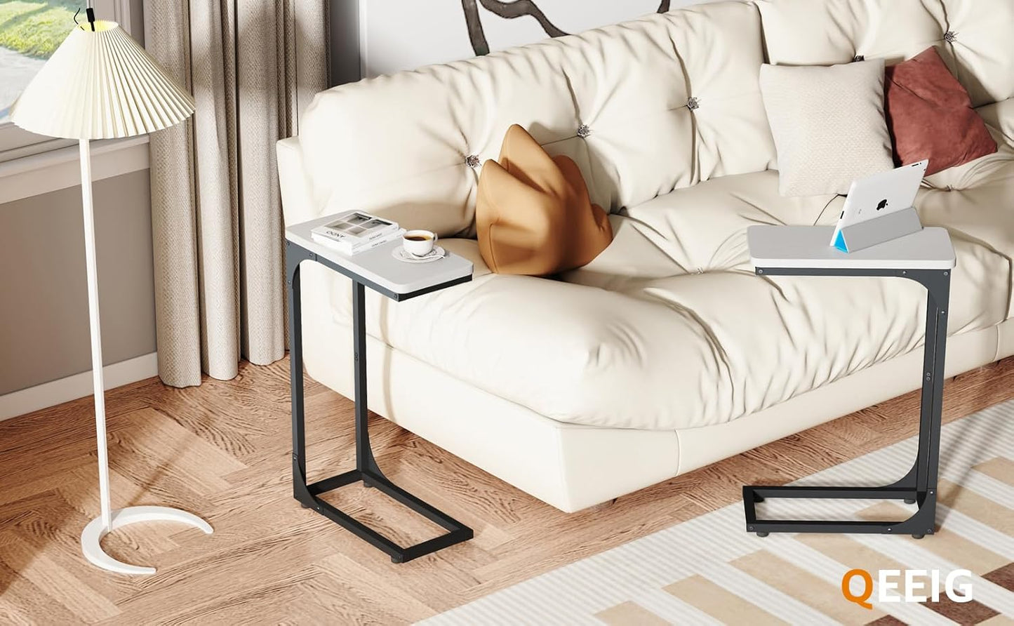 QEEIG Narrow C Shaped Side Table Set - Slim Modern Couch Tray Tables in White & Black | 7-Inch Width