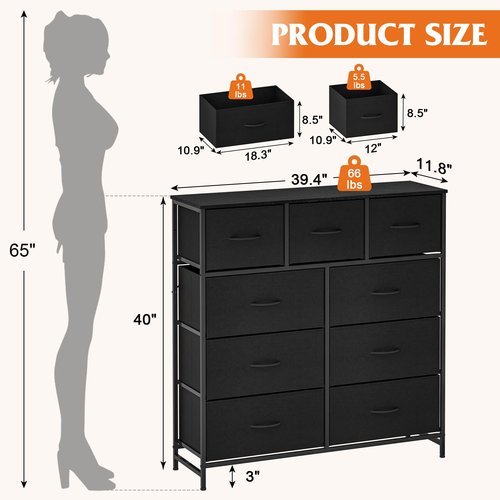 WelFurGeer 9-Drawer Dressers with Sturdy Metal Frame - Tall Chest Organizer Unit with Fabric Bins, Storage Chest of Drawers for Bedroom, Living Room, Hallway, Entryway, Closet, Black