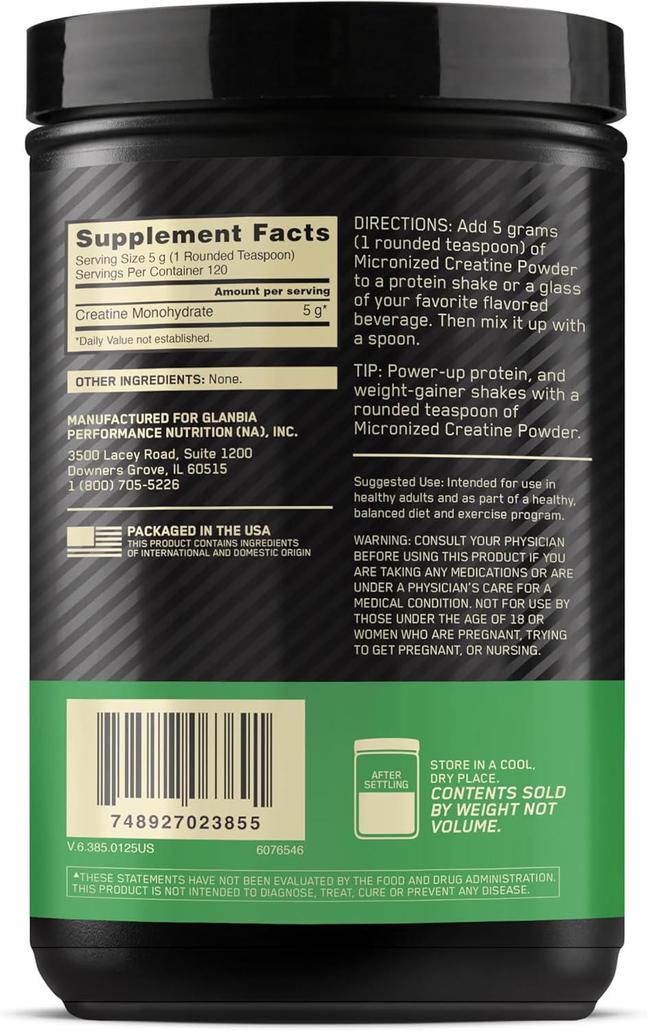 Optimum Nutrition Micronized Creatine Monohydrate Powder - Unflavored, 120 Servings, 600 Grams