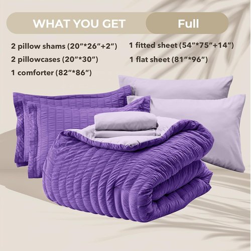 HYMOKEGE Full Size Comforter Set - Dark Purple & Lavender Seersucker | 7-Piece All-Season Luxury Bedding Set