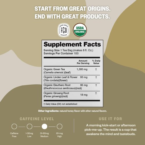 FGO Organic Honey Ginseng Green Tea, 20 Count, Eco-Conscious Tea Bags, Resealable Bag, Packaging May Vary (Pack of 1)
