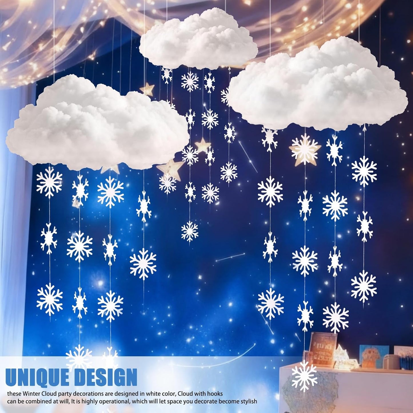 Wettarn 3D Large Winter Cloud Decorations - 18 Pcs Hanging Ornaments with Snowflakes for Party Decor