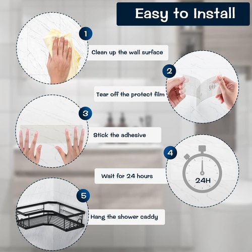 AKTECKE Shower Caddy - No Drill Adhesive Wall Hooks for Corner Organizer - Waterproof & Transparent