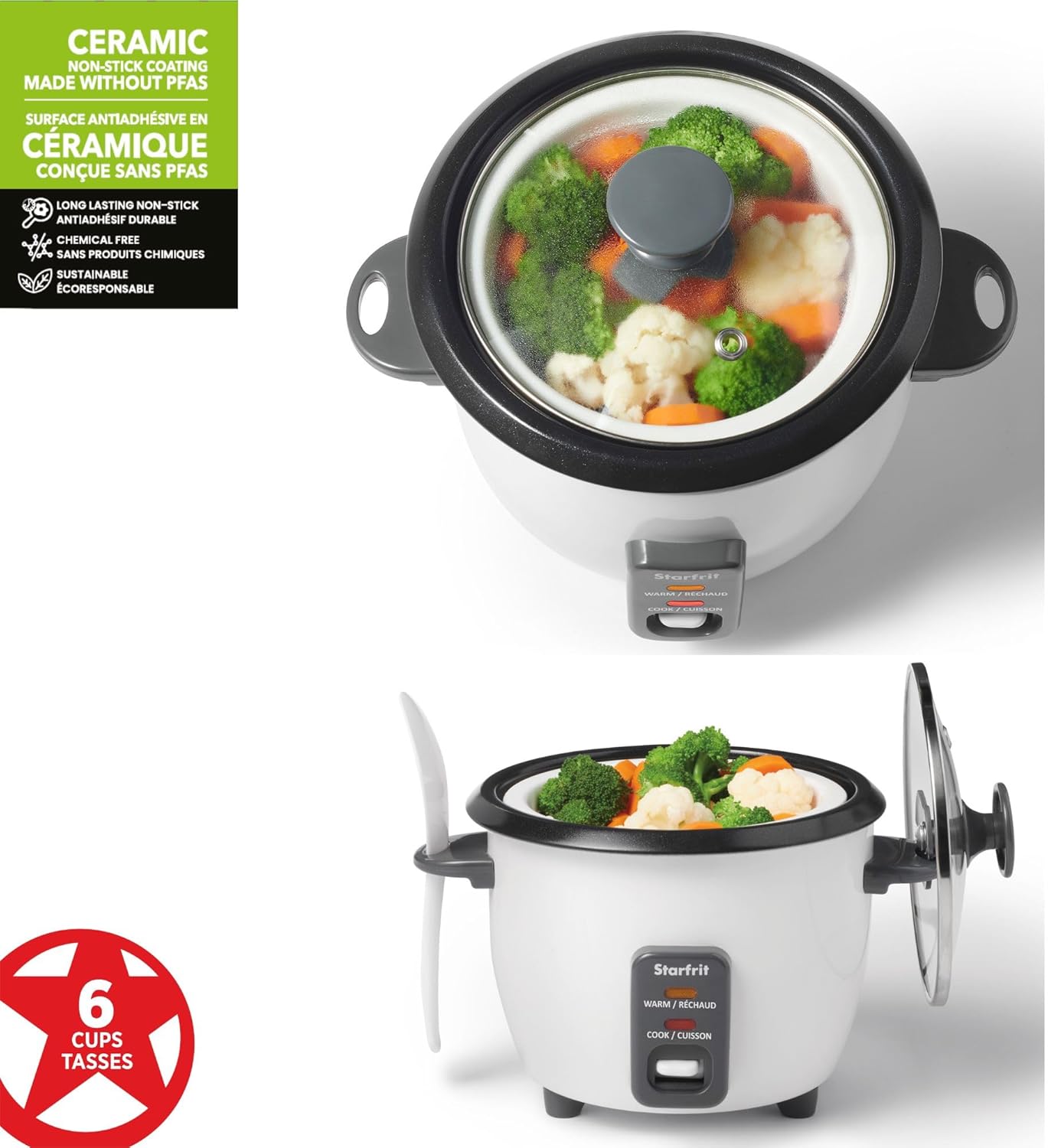 Starfrit Electric Rice Cooker - 6-Cup Capacity | Includes Steamer Basket & Measuring Cup - 300W Power