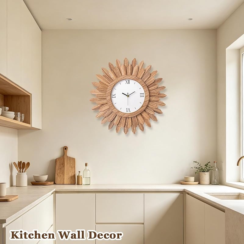 18 Inch Large Wall Clock - Silent Battery Operated Boho Sunburst Rustic Wood with Roman Numerals - Variation: Rustic Brown+18 inch