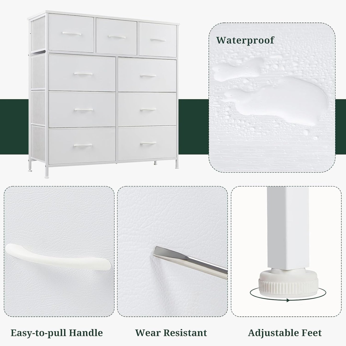 Regine Switzerland 9-Drawer Dresser - Anti-Tip Storage Organizer with Wooden Top & Metal Frame | White