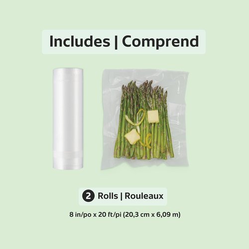 FoodSaver Vacuum Sealer Bags - Custom Fit Airtight Food Storage & Sous Vide | 8" x 20' (Pack of 2)