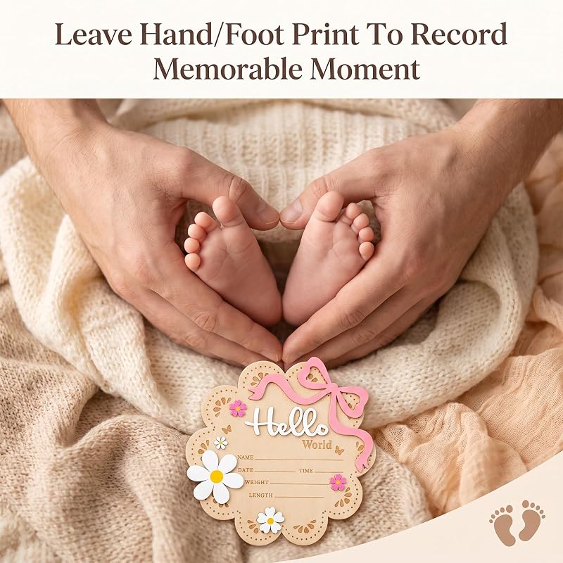 Wooden World Newborn Sign with Pink Bow – 6 Inch Baby Announcement Cloud Plaque