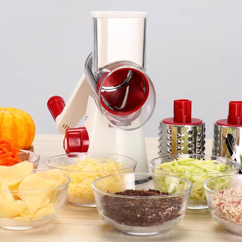 Cambom Rotary Cheese Grater - Hand Crank Shredder for Fresh Cheese, Veggies & Nuts | Red & White with Non-Slip Base