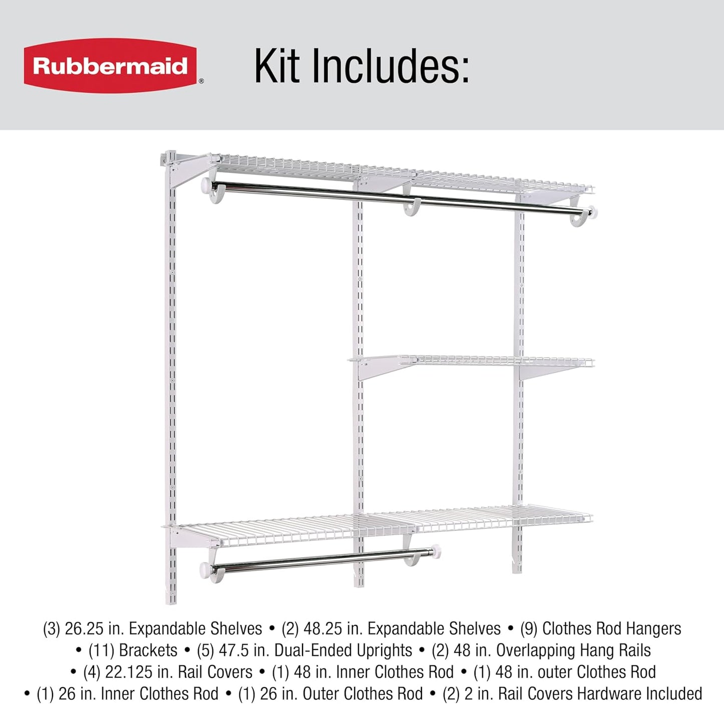 Rubbermaid Configurations Custom Closet Kit - Adjustable 4-8 Ft. Metal Wire Shelving | White Finish for Home Organization