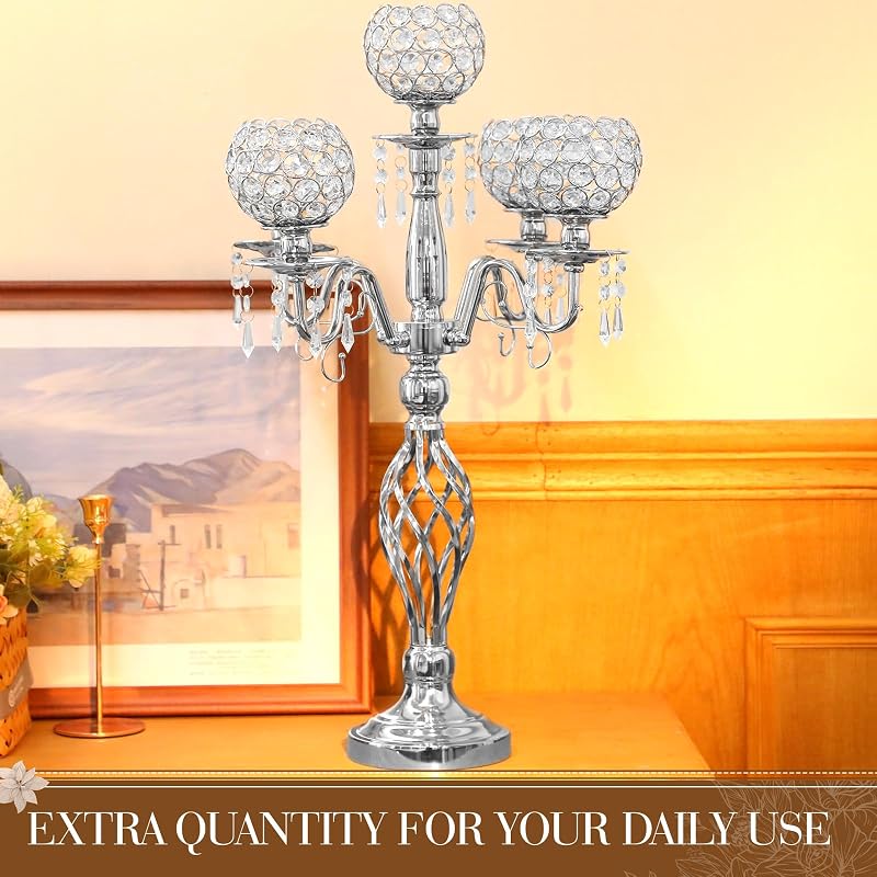 5-Arm Crystal Candelabras Set, 27 Inch - Silver Finish (4 Pieces) - Variation: Silver+4
