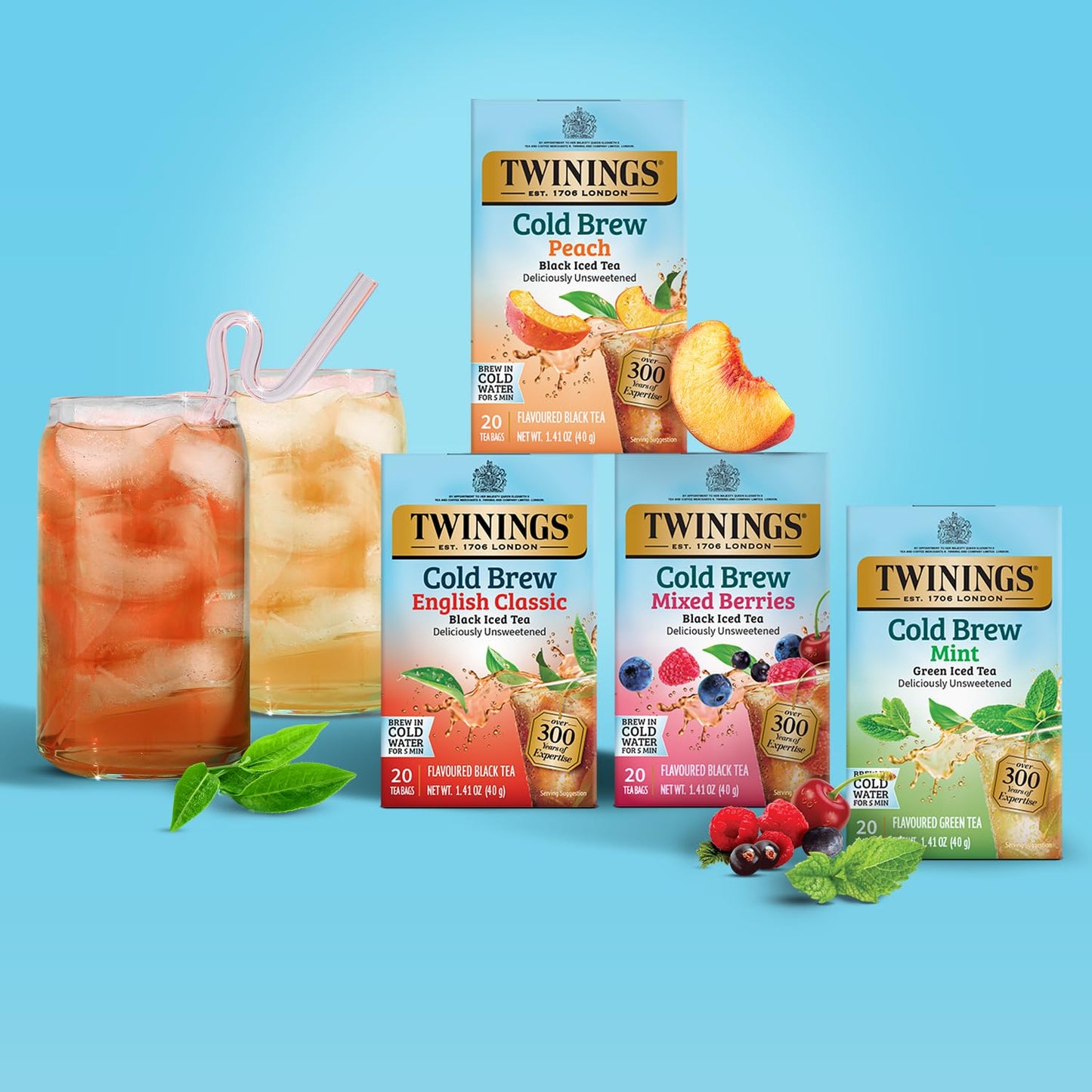 Twinings Peach Cold Brew Iced Tea Bags - Unsweetened Flavored Black Tea, Caffeinated | 20 Count (Pack of 6)