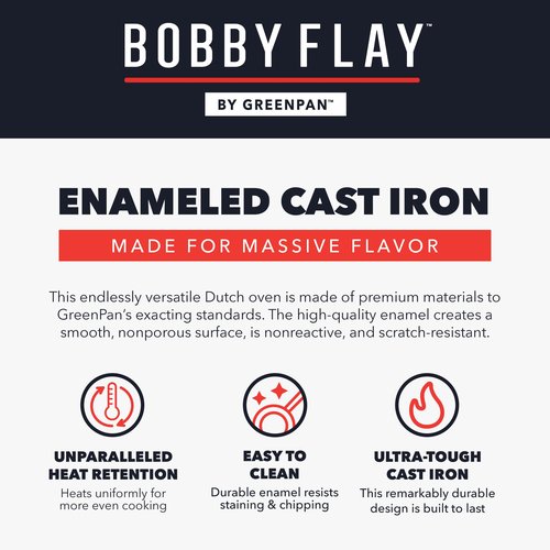 GreenPan x Bobby Flay 5.5QT Enameled Cast Iron Round Dutch Oven with Lid, Dual Handles, Oven Safe to 500F & Induction Suitable, Self Basting Lid, Ultra-Durable, Sear, Braising, Bread, Stews, Ivory
