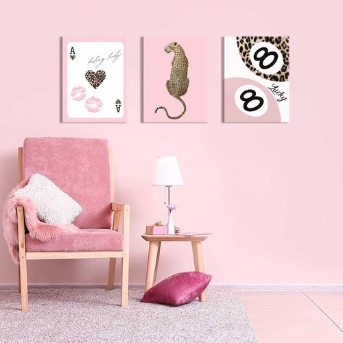 Funky Lucky You | Trendy Leopard Canvas Wall Art Set of 3 - Pink Cheetah Prints for Girls' Bedroom 12x16