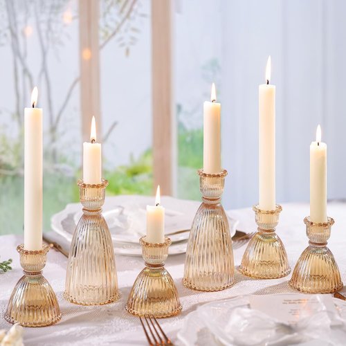 LAMORGIFT Gold Candlestick Holders Set - 4pcs 3.5" & 2pcs 6" Assorted Taper Candle Holders for Weddings | Modern Ribbed Glass Decor