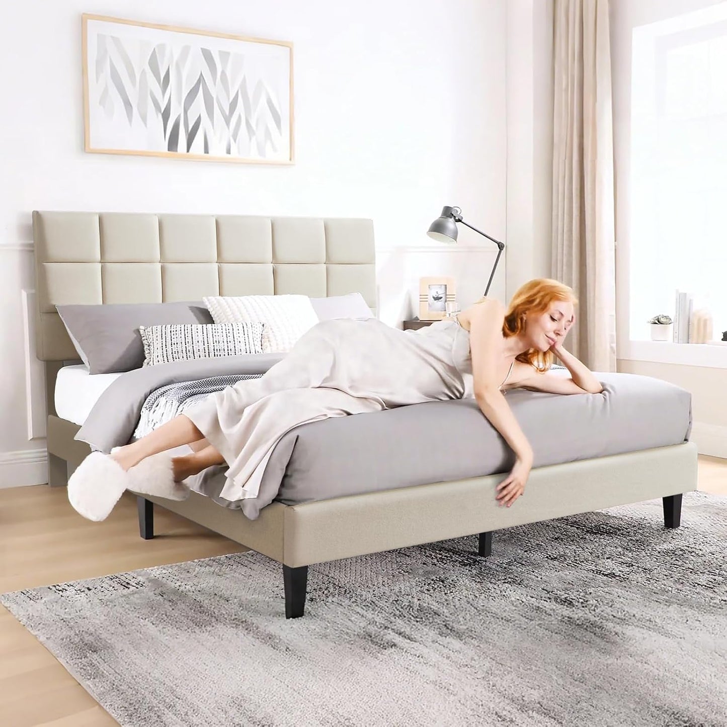 Susalt Queen Size Bed Frame - Upholstered Linen Headboard, No-Noise Design, Easy Assembly, 1000LBS Capacity | Beige